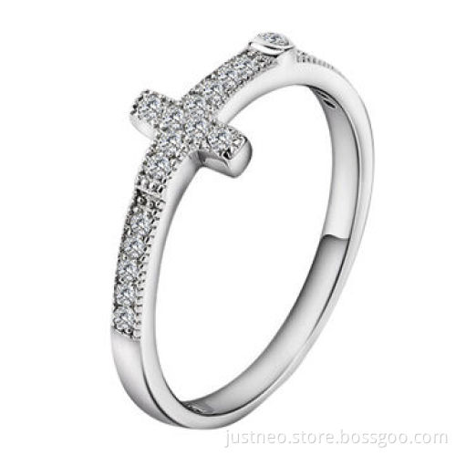 Cubic zirconia rings, sterling silver ring with cross decor for women